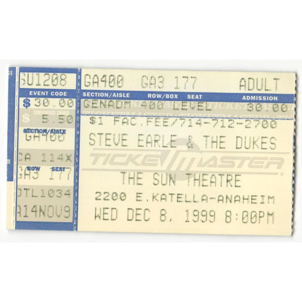 Vintage 1999 Steve Earle Concert Ticket Stub Anaheim CA